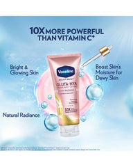 Vaseline Gluta-Hya Dewy Radiance body lotion promotional image featuring GlutaGlow technology and bright glowing skin benefits