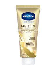 Vaseline Healthy Bright Gluta-Hya Flawless Bright Serum Burst UV Body Lotion 330ml gold tube front view for dark spot care and even looking body skin