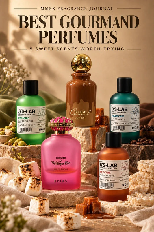 Fragrance Journal cover featuring five gourmand perfumes with marshmallow, pistachio, café sweetness, caramel and rice cake-inspired scents