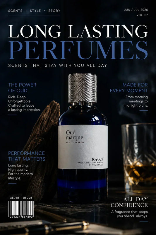 Luxury editorial magazine cover featuring Joyous Oud Marque Eau De Parfum with rich woody oud styling, premium long-lasting fragrance concept, and elegant dark luxury aesthetic.