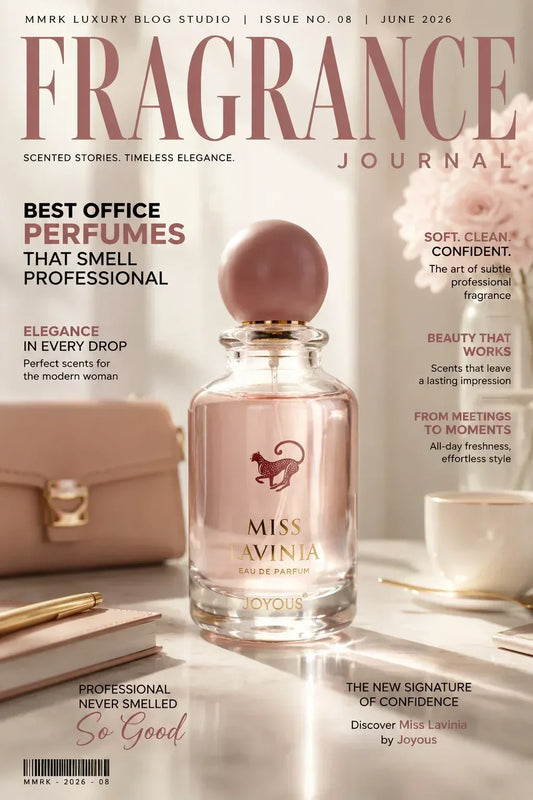 Elegant women's office perfume in a luxury editorial magazine cover featuring Miss Lavinia Eau De Parfum with soft pink tones, professional office aesthetic, and modern feminine elegance.