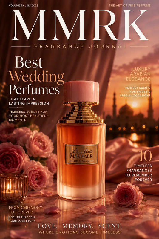 Luxury wedding perfume editorial featuring Mashaer Oud Al Salam Eau De Parfum with romantic sunset styling, floral elegance, and premium bridal fragrance atmosphere.