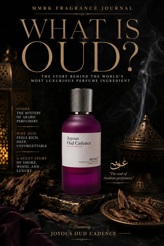 Luxury fragrance journal cover featuring Joyous Oud Cadence Eau De Parfum with oud wood, smoke, and elegant Arabic perfume styling.