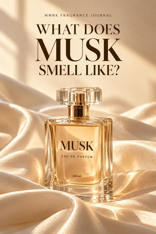Illustrative musk perfume bottle on ivory silk in warm sunlight, with the headline What Does Musk Smell Like?