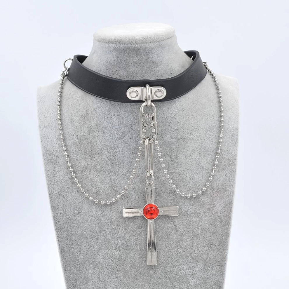 Rosario + Vampire Cross Necklace - Moka Akashiya Choker with Red Gem