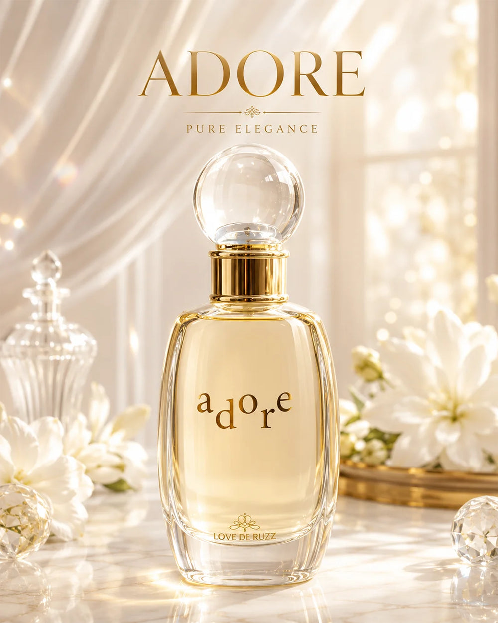 Luxury floral perfume bottle with warm golden lighting, elegant cream flowers, glossy reflections, feminine premium fragrance aesthetic and cinematic perfume photography._1