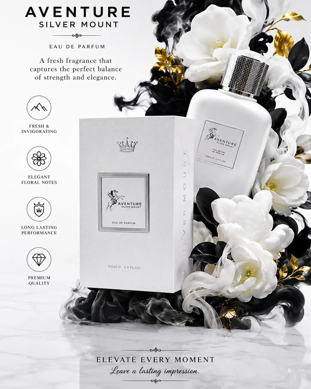 Luxury white perfume bottle with silver metallic details, black and white floral smoke atmosphere, glossy reflections, premium niche fragrance aesthetic and cinematic perfume photography for Pinterest inspiration.