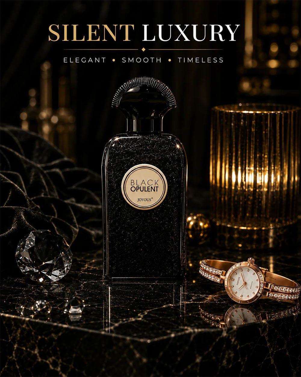 Luxury black perfume bottle with rose gold details, dark floral atmosphere, glossy reflections, cinematic warm lighting and premium niche fragrance photography for Pinterest inspiration._1