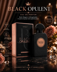 Luxury black perfume bottle with rose gold details, dark floral atmosphere, glossy reflections, cinematic warm lighting and premium niche fragrance photography for Pinterest inspiration.