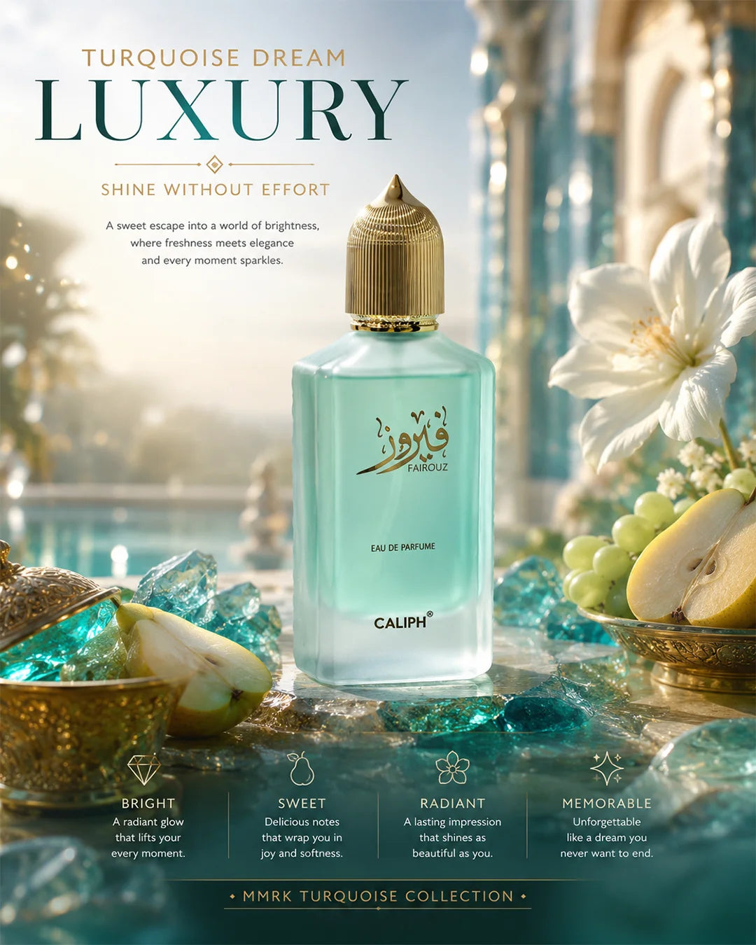 Caliph Fairouz luxury Arabic floral Eau De Parfum 100ml with blue and gold packaging