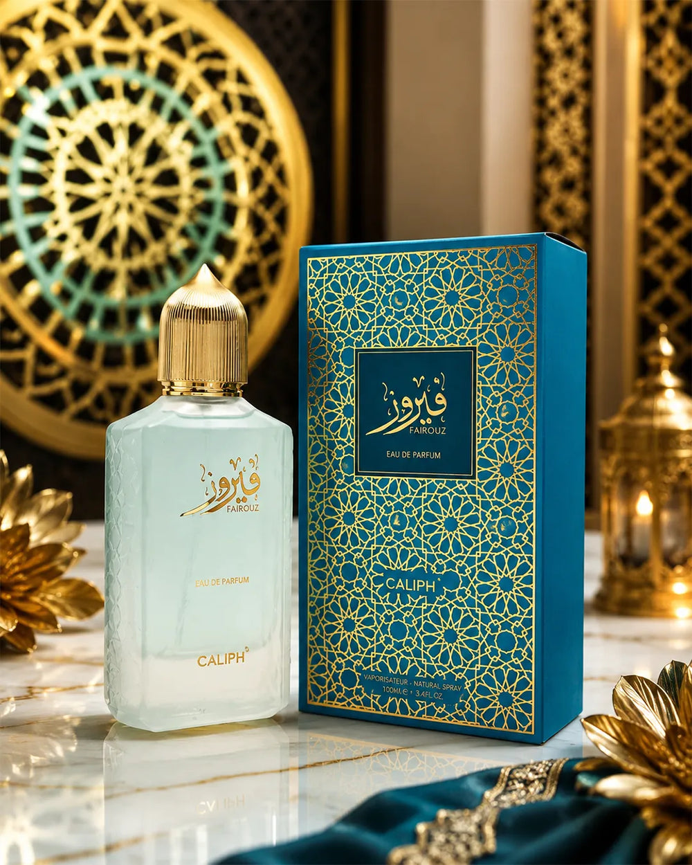 Caliph Fairouz luxury Arabic floral Eau De Parfum 100ml with blue and gold packaging