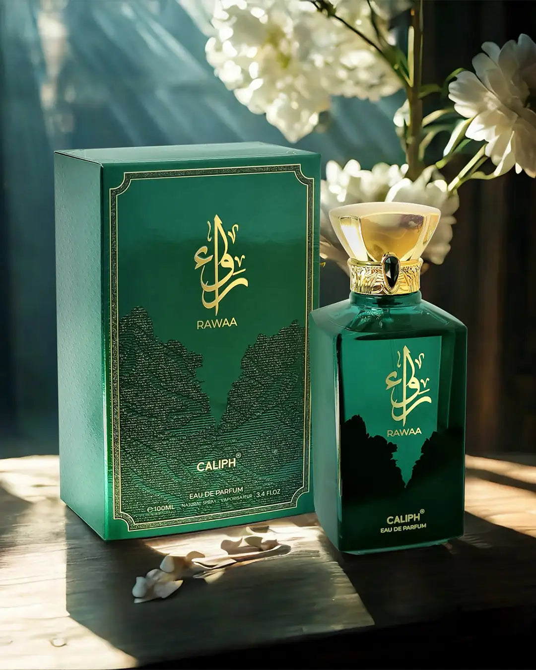 Caliph Rawaa Perfume Bottle and Box – Eau de Parfum 100ml (emerald green, gold cap)