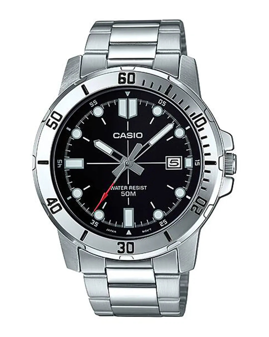 Casio MTP-VD01D-1EV analog sports watch with black dial and stainless steel band