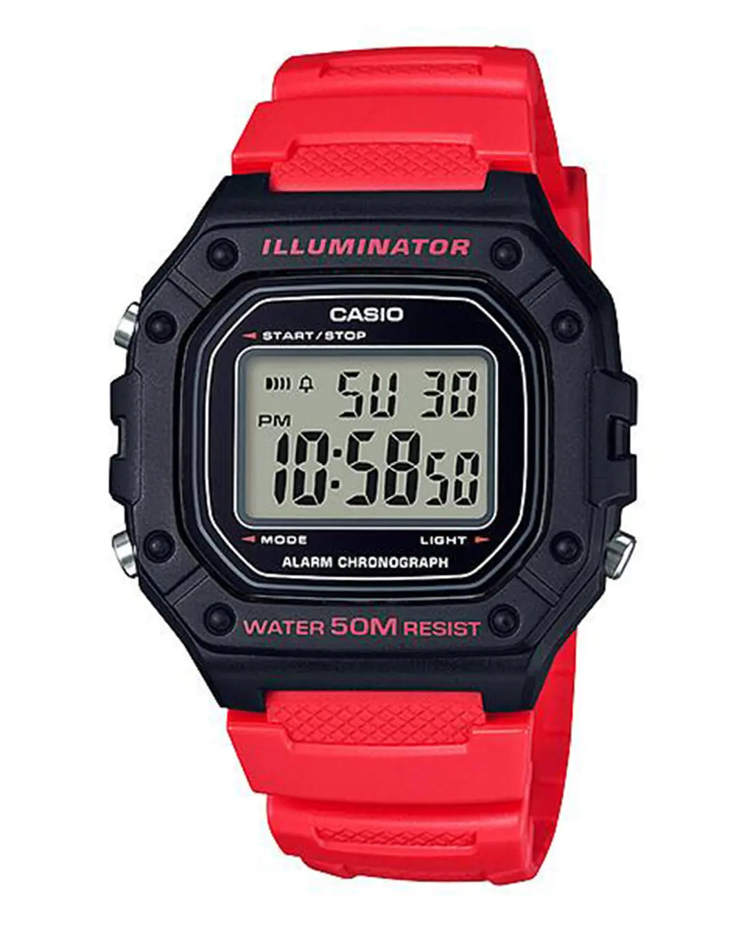 Casio W-218H digital waterproof watch collection with black red and gray resin strap variants