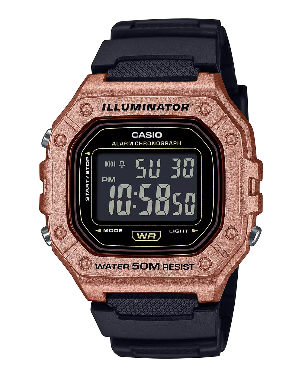 Casio W-218HM retro digital watch collection with black resin strap in rose gold and silver colors