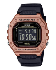 Casio W-218HM retro digital watch collection with black resin strap in rose gold and silver colors