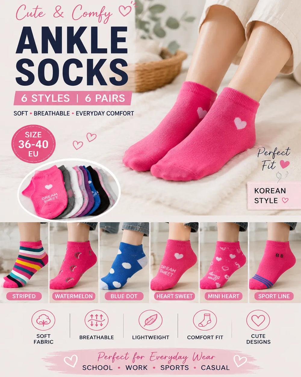 Cute women Korean ankle socks 6 pairs breathable cotton socks pink heart design