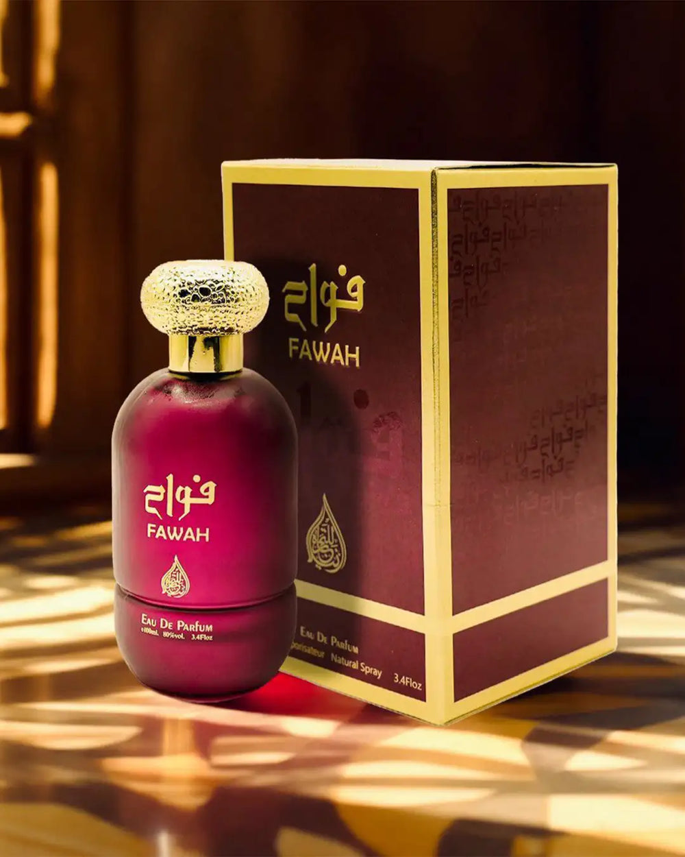 Fawah Eau de Parfum 100ml maroon bottle with gold cap and box