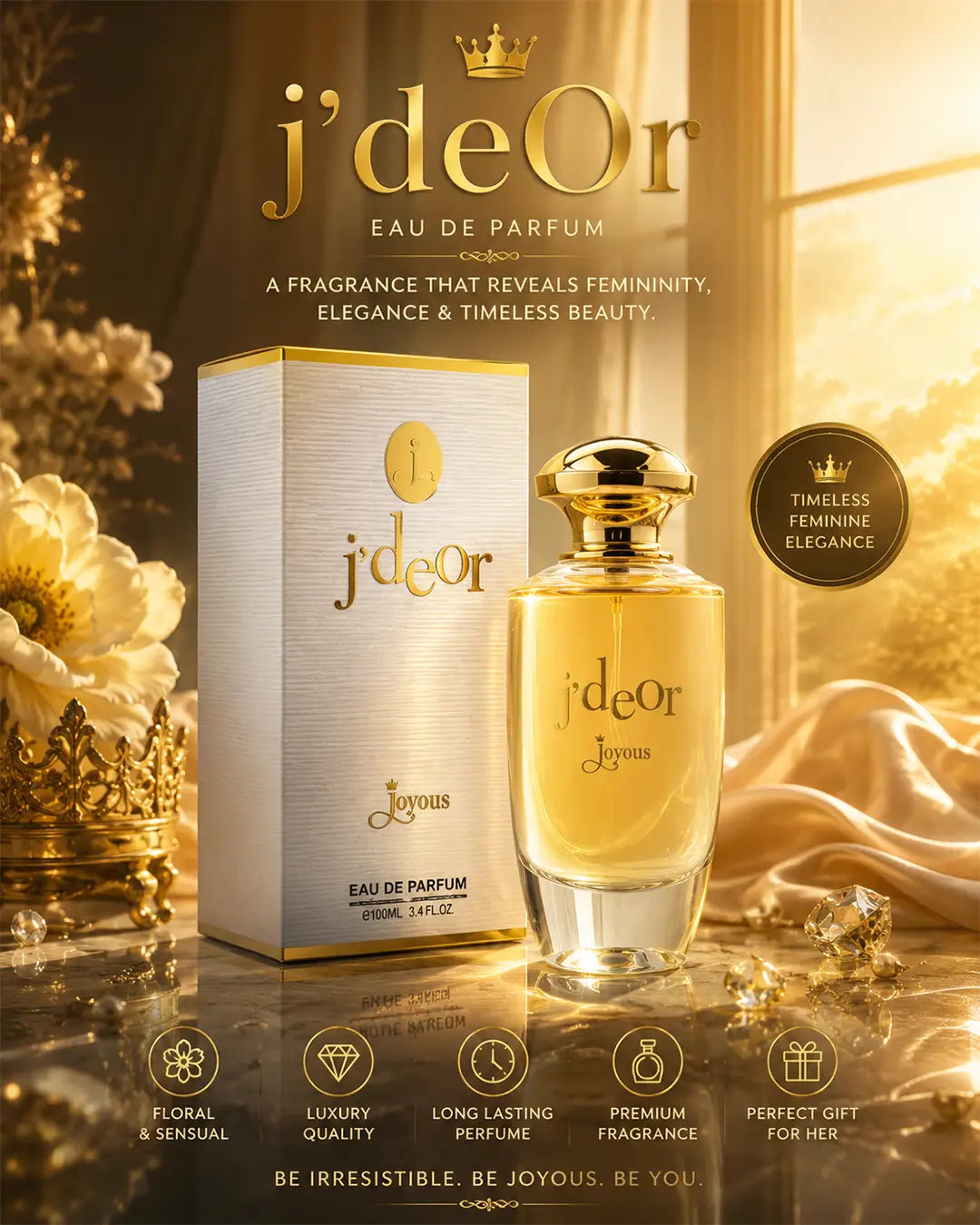Luxury golden perfume bottle with elegant warm lighting, glossy reflections, floral luxury atmosphere, cinematic gold aesthetic and premium feminine fragrance photography for Pinterest inspiration.
