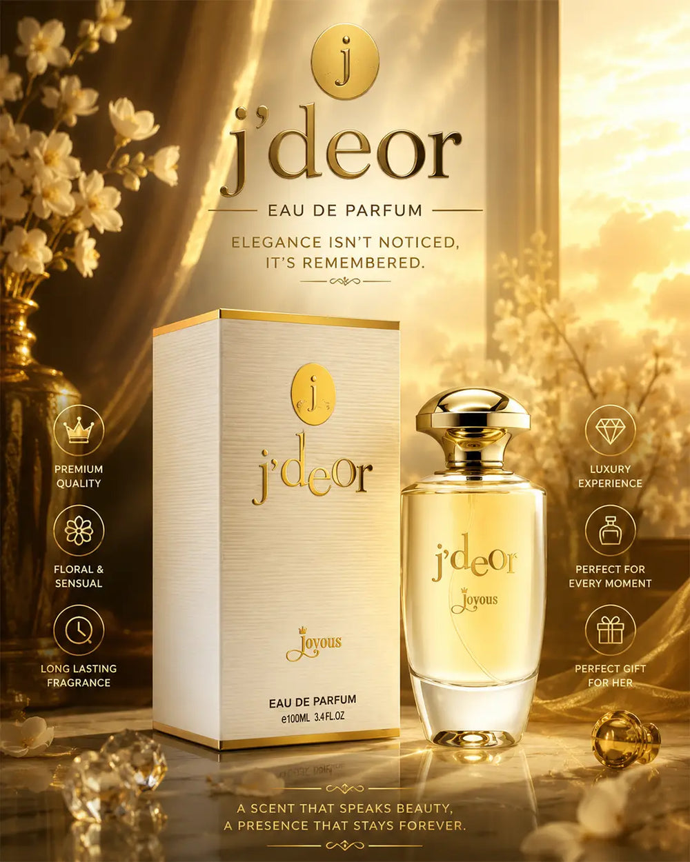 Luxury golden perfume bottle with elegant warm lighting, glossy reflections, floral luxury atmosphere, cinematic gold aesthetic and premium feminine fragrance photography for Pinterest inspiration.