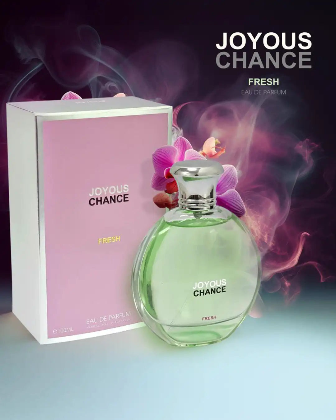Joyous Chance Fresh Eau de Parfum 100ml green perfume bottle with pink box