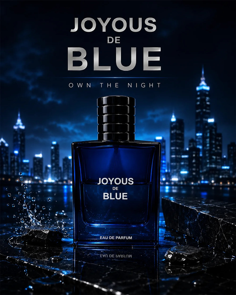 Joyous De Blue Eau de Parfum for Men – 100ml navy blue bottle with elegant dark box, fresh woody scent_1