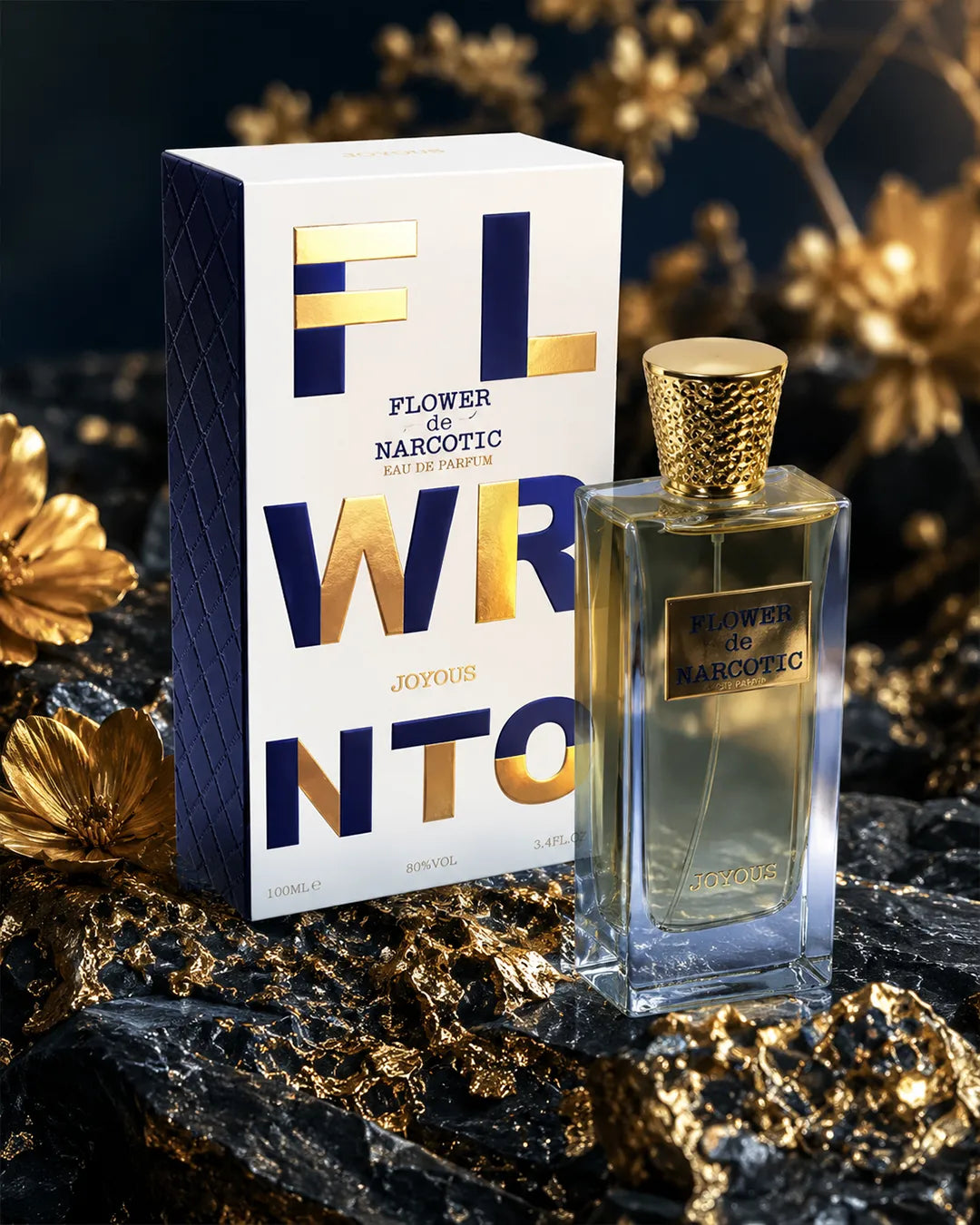 Joyous Flower De Narcotic luxury floral perfume 100ml with elegant gold and blue packaging