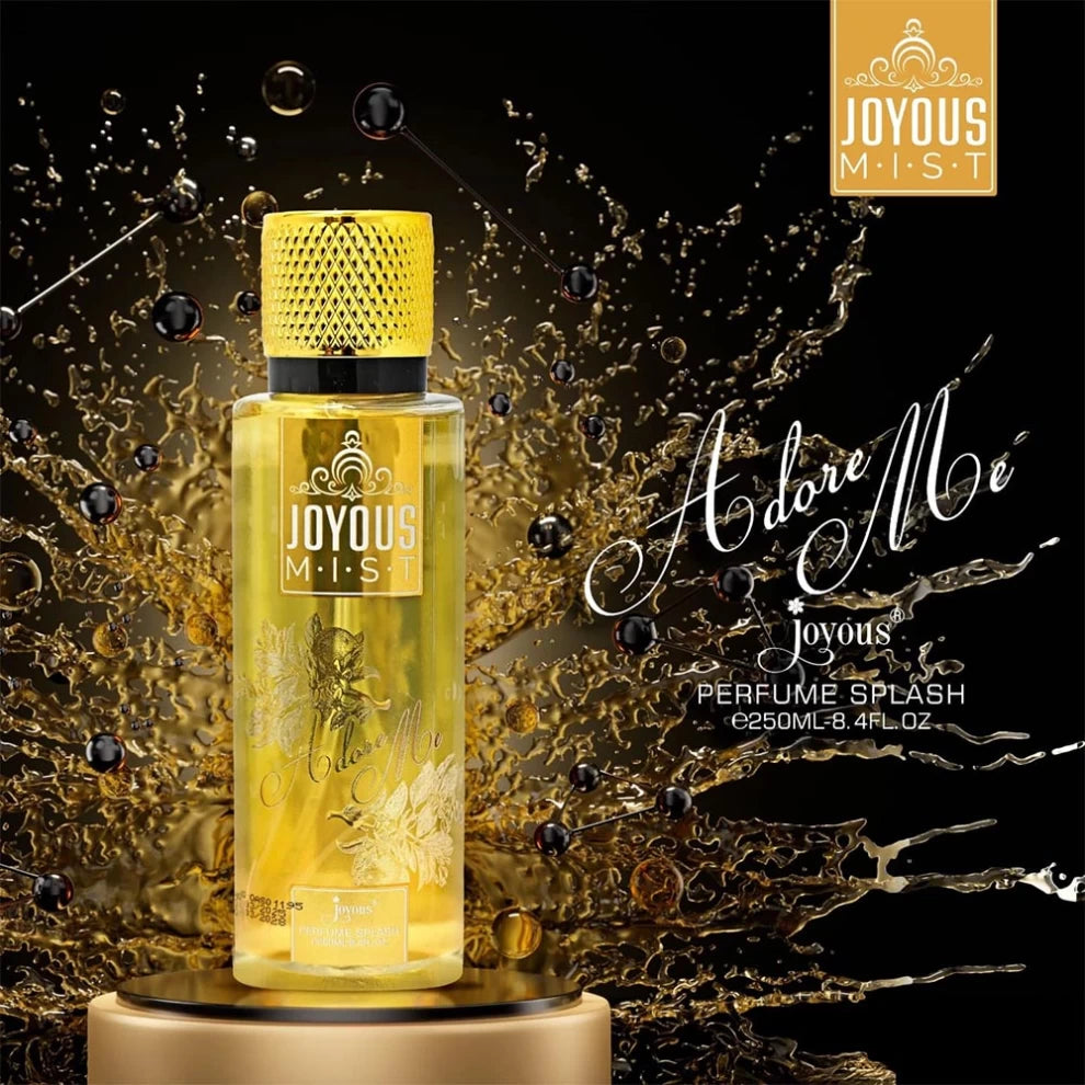 Joyous Mist Adore Me – 250ml Yellow Floral Amber Body Perfume Splash Bottle with Golden Background