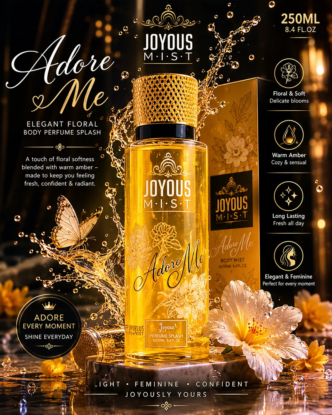 Luxury golden floral body mist bottle with glossy reflections, elegant gold splash effects, cinematic warm lighting, feminine floral atmosphere and premium perfume aesthetic photography for Shopify and beauty branding.