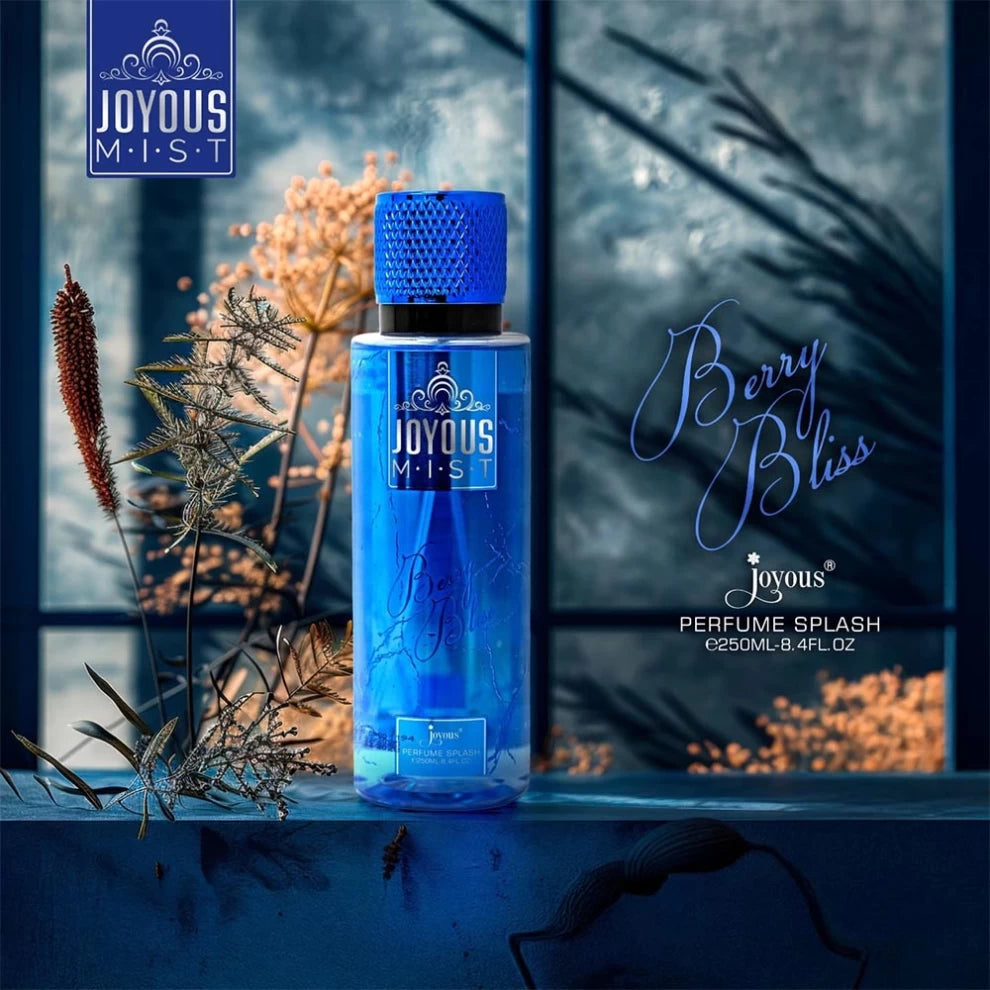 Joyous Mist Berry Bliss – 250ml Blue Fruity Body Perfume Splash Bottle with Berries Background
