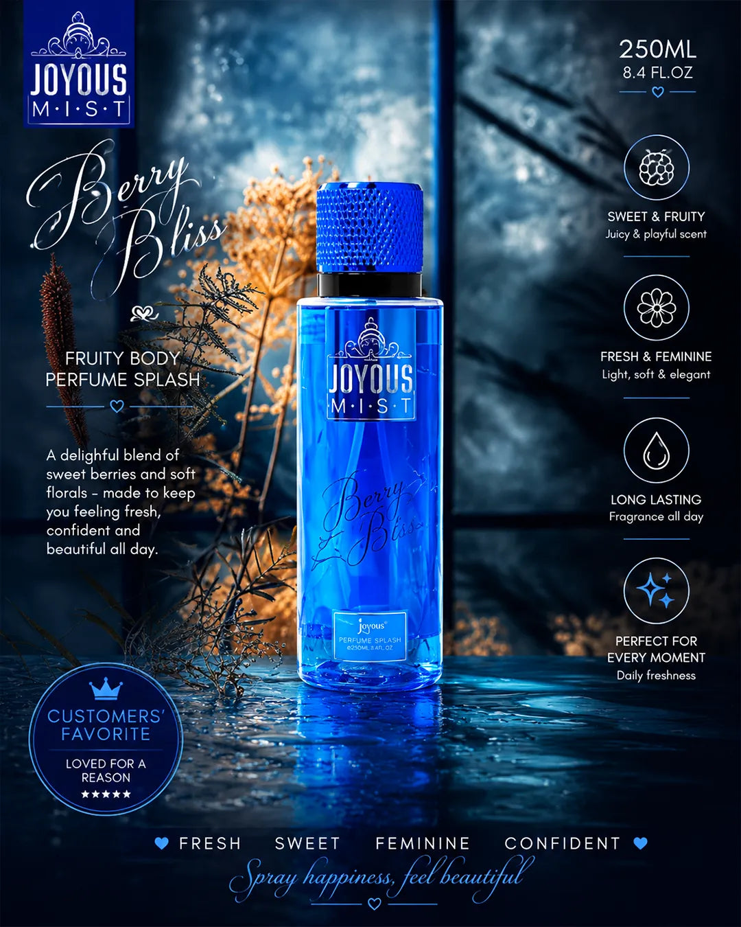 Luxury blue fruity body mist bottle with glossy reflections, cinematic dark blue lighting, fresh berry atmosphere, premium feminine fragrance aesthetic and high-end perfume splash photography for Shopify beauty branding.