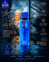 Luxury blue fruity body mist bottle with glossy reflections, cinematic dark blue lighting, fresh berry atmosphere, premium feminine fragrance aesthetic and high-end perfume splash photography for Shopify beauty branding.