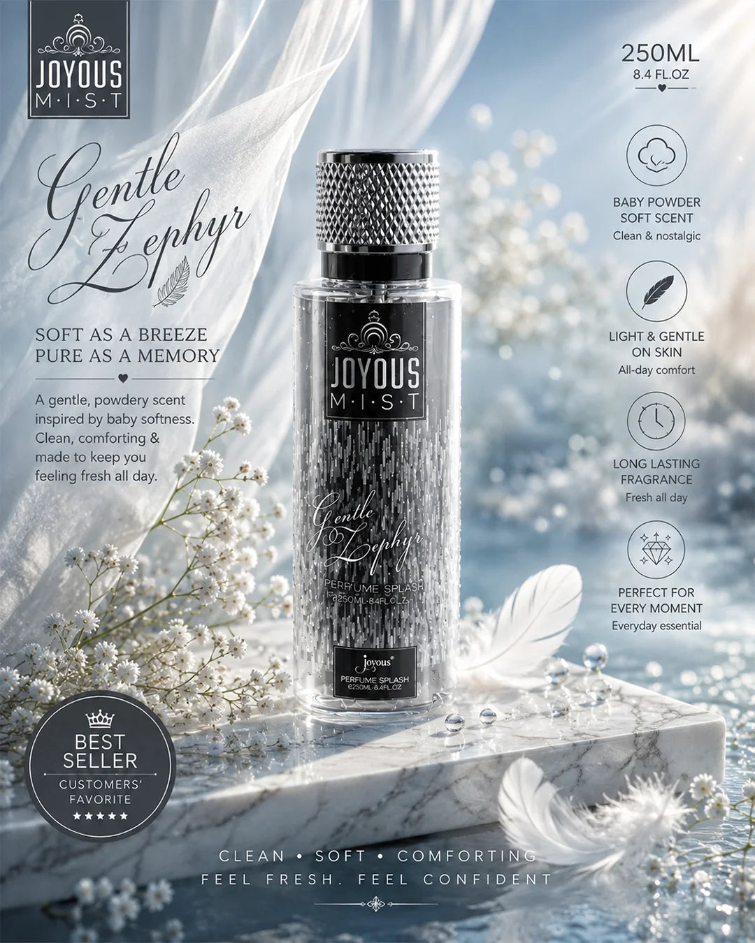 Luxury silver body mist bottle with glossy water reflections, soft baby powder atmosphere, cinematic dark aqua lighting, premium fresh body splash aesthetic and high-end skincare inspired perfume photography for Shopify branding._1