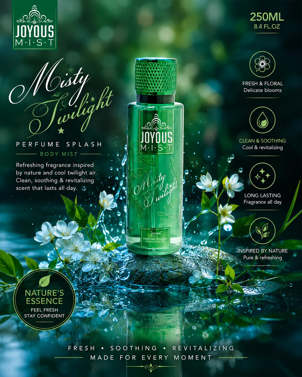 Luxury green body mist bottle with water reflections, fresh floral atmosphere, glossy cinematic lighting, refreshing nature-inspired aesthetic and premium perfume splash photography for Shopify and beauty branding.