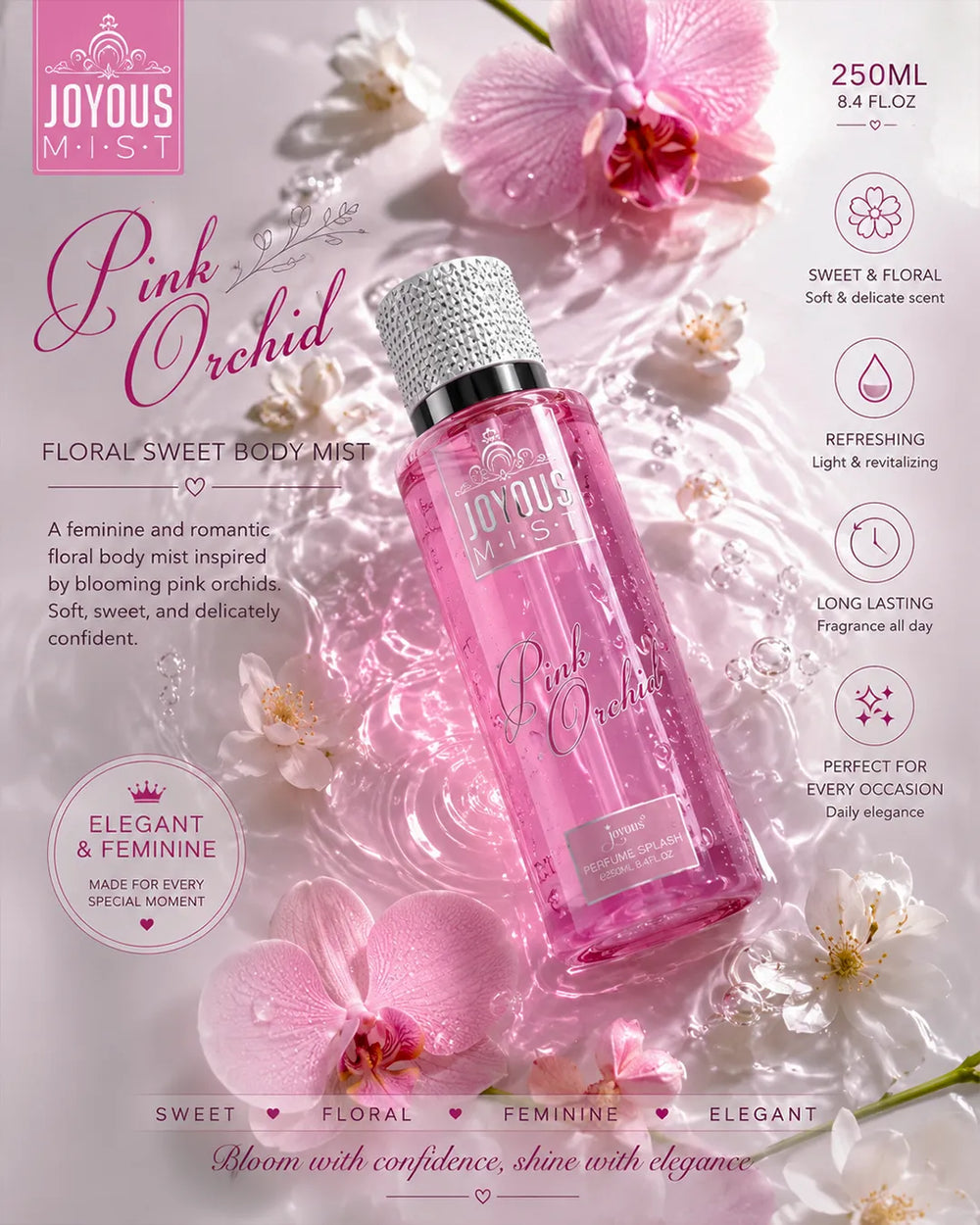 Luxury pink floral body mist bottle with glossy water reflections, orchid flower atmosphere, soft feminine lighting, premium sweet fragrance aesthetic and elegant high-end perfume splash photography for Shopify beauty branding.