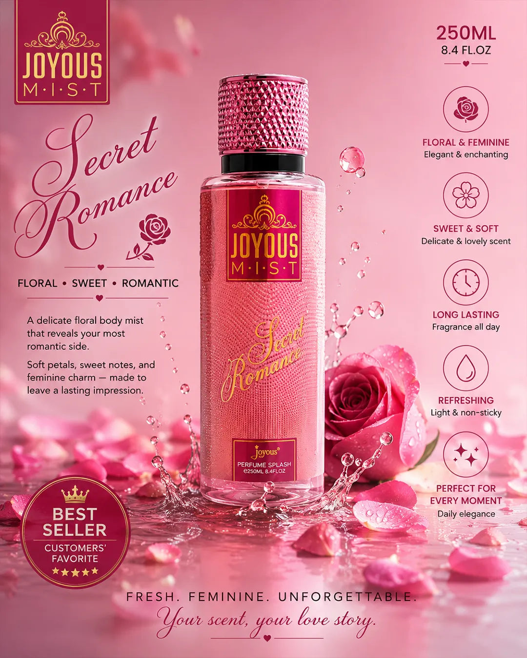 Luxury pink floral body mist bottle with glossy reflections, romantic rose petal atmosphere, soft feminine lighting, premium sweet fragrance aesthetic and elegant high-end perfume splash photography for Shopify beauty branding.