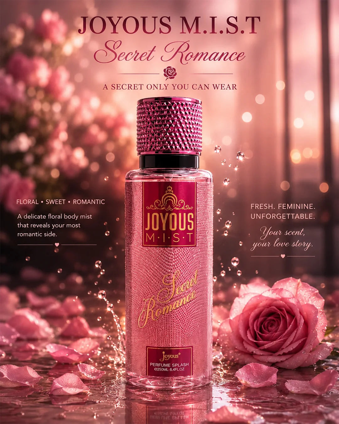 Luxury pink floral body mist bottle with glossy reflections, romantic rose petal atmosphere, soft feminine lighting, premium sweet fragrance aesthetic and elegant high-end perfume splash photography for Shopify beauty branding._1