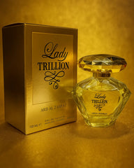 Lady Trillion Eau de Toilette 100ml perfume bottle with gold packaging