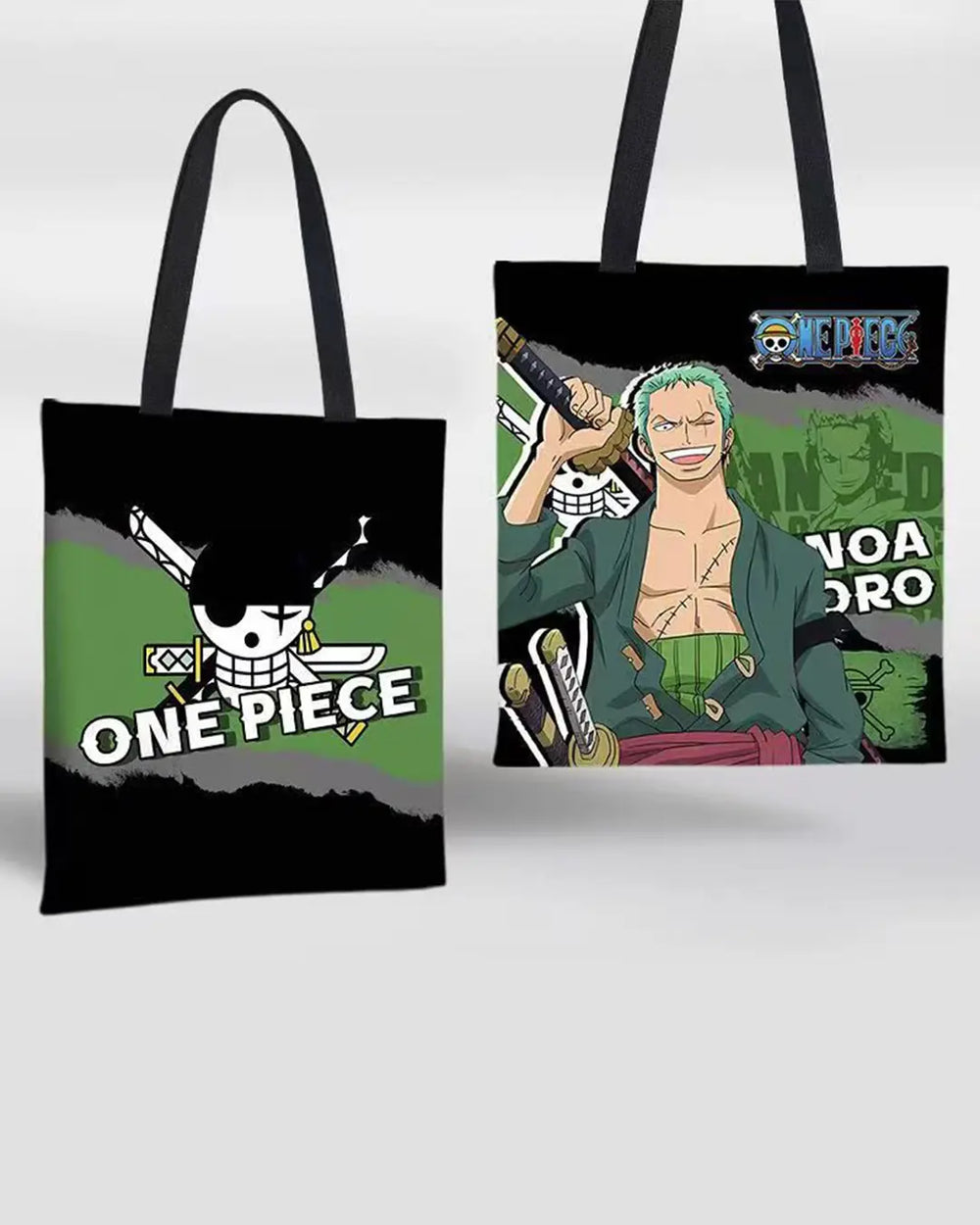 One Piece tote bag with front Zoro print and back logo — canvas anime style
