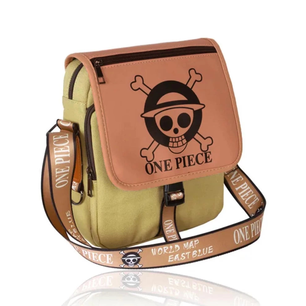 One Piece anime crossbody bag with Straw Hat pirate logo – canvas and brown leather flap