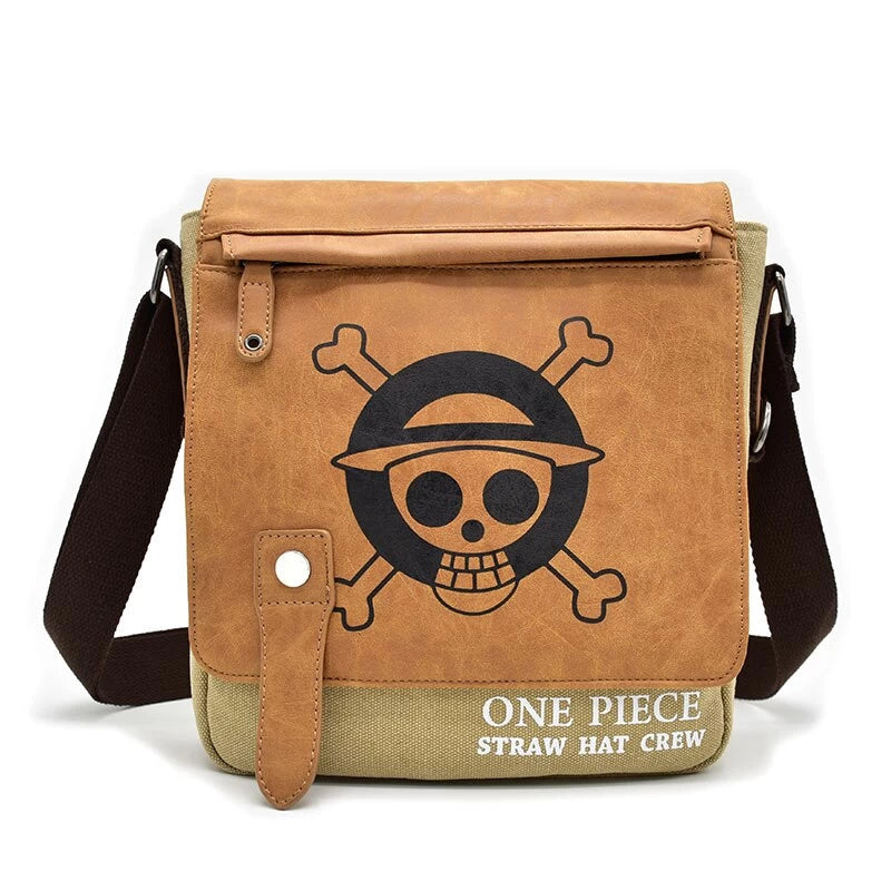 One Piece crossbody bag with Straw Hat pirate skull logo – brown flap and canvas body