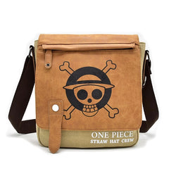 One Piece crossbody bag with Straw Hat pirate skull logo – brown flap and canvas body