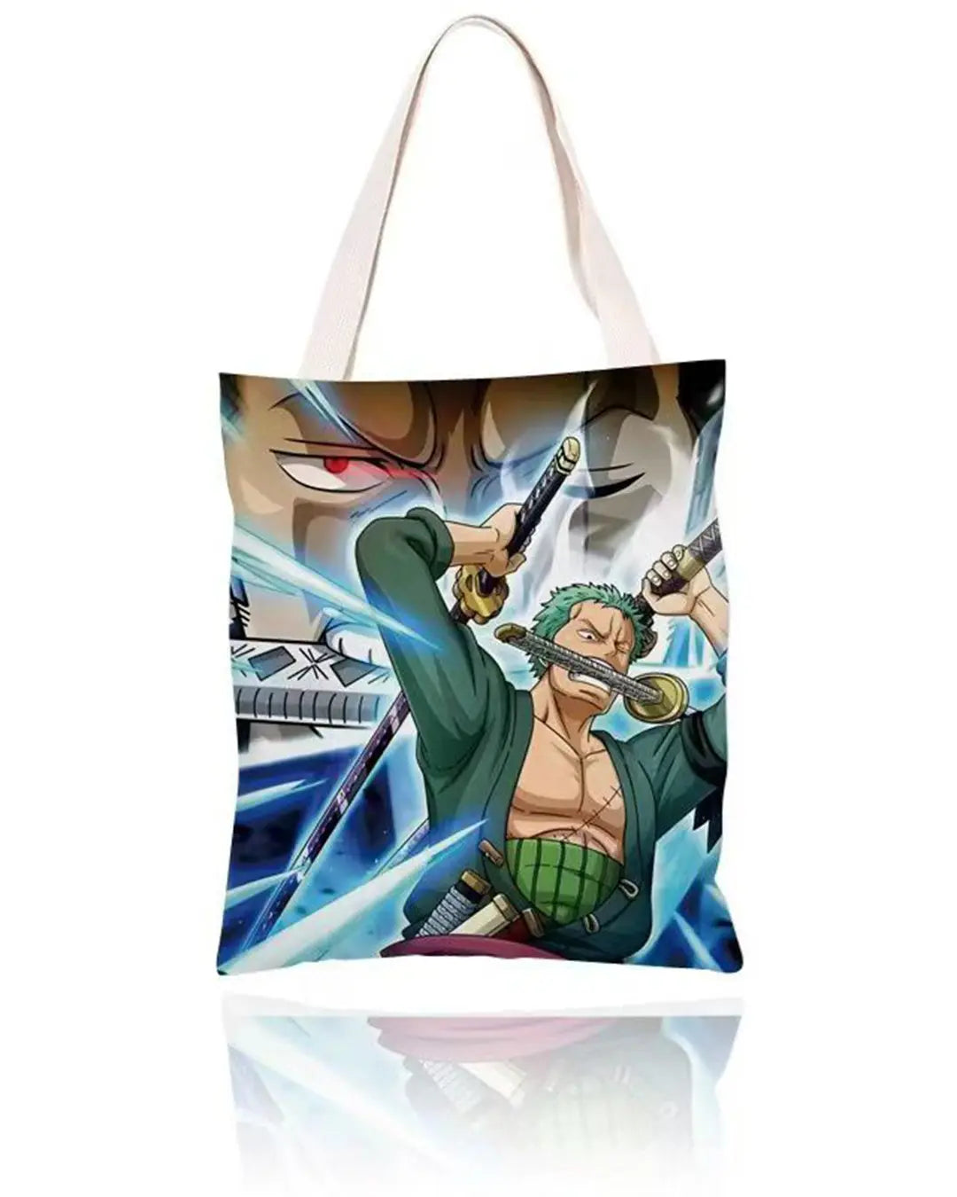 Roronoa Zoro tote bag with Three-Sword Style anime illustration and zipper