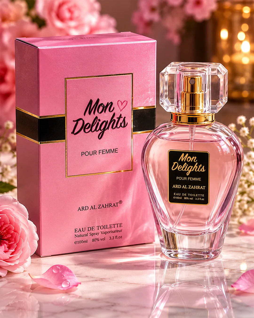 Luxury pink feminine perfume bottle with glossy reflections, romantic floral atmosphere, elegant soft lighting, premium beauty fragrance aesthetic and high-end perfume photography for Shopify branding.