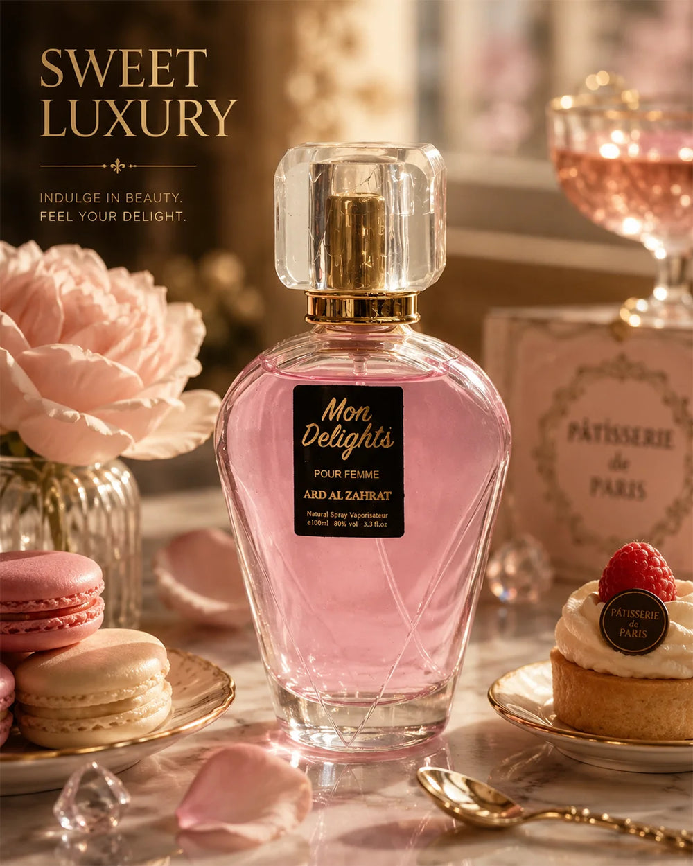 Luxury pink feminine perfume bottle with glossy reflections, romantic floral atmosphere, elegant soft lighting, premium beauty fragrance aesthetic and high-end perfume photography for Shopify branding._1