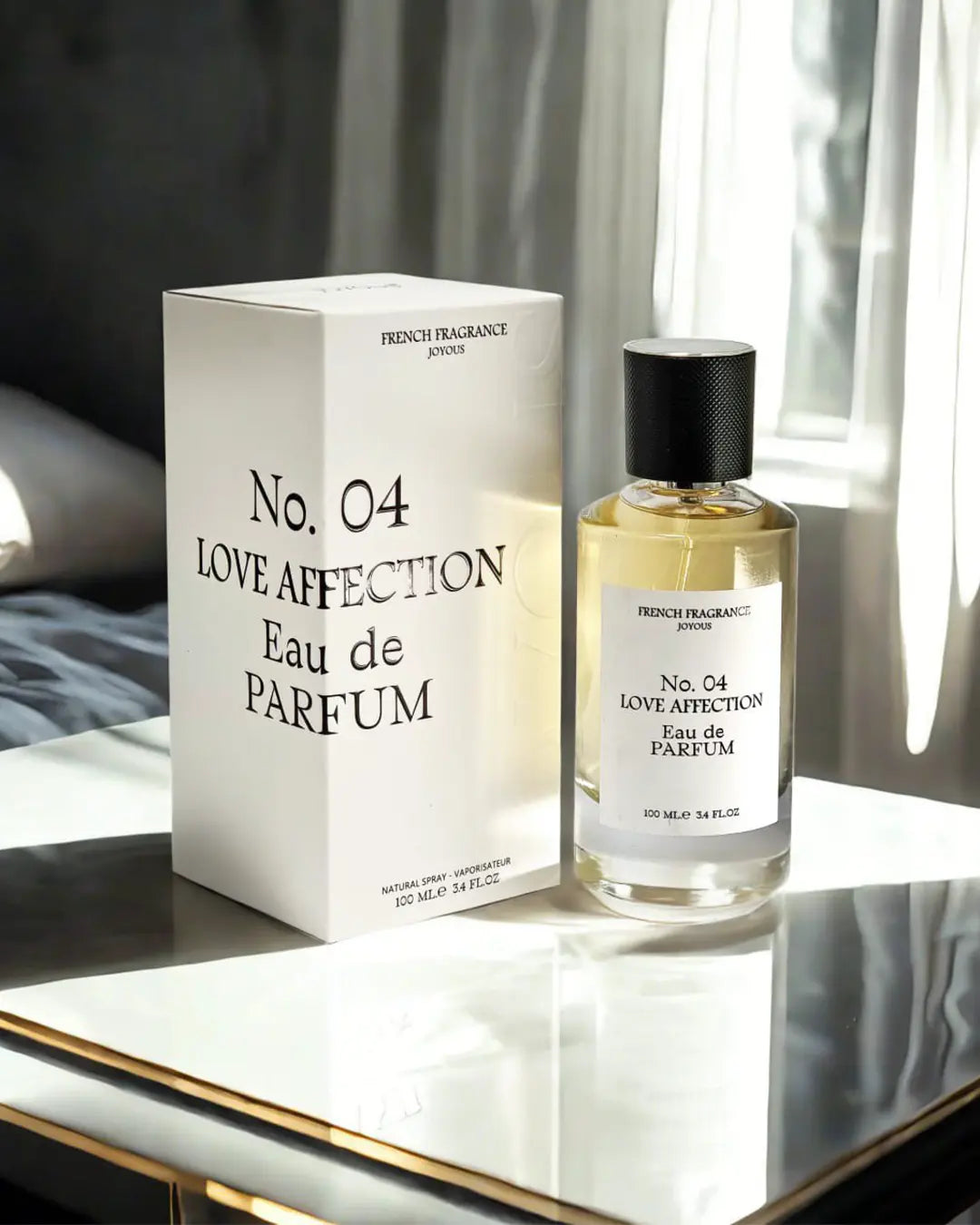 No. 04 Love Affection Eau de Parfum bottle on reflective surface