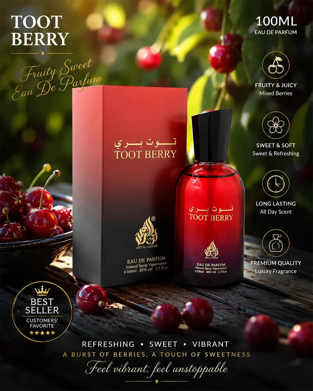 Luxury red berry perfume bottle with glossy reflections, fresh cherry atmosphere, cinematic fruity lighting, premium sweet fragrance aesthetic and elegant high-end perfume photography for Shopify beauty branding.