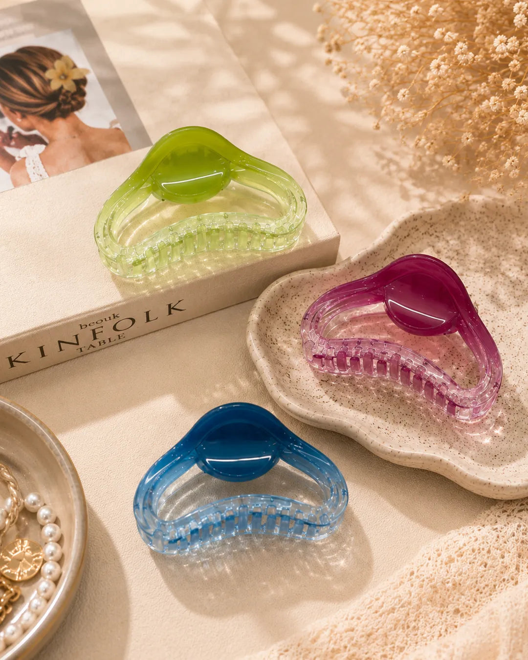 Transparent colorful hair claw clip set with glossy translucent design, 3 pieces