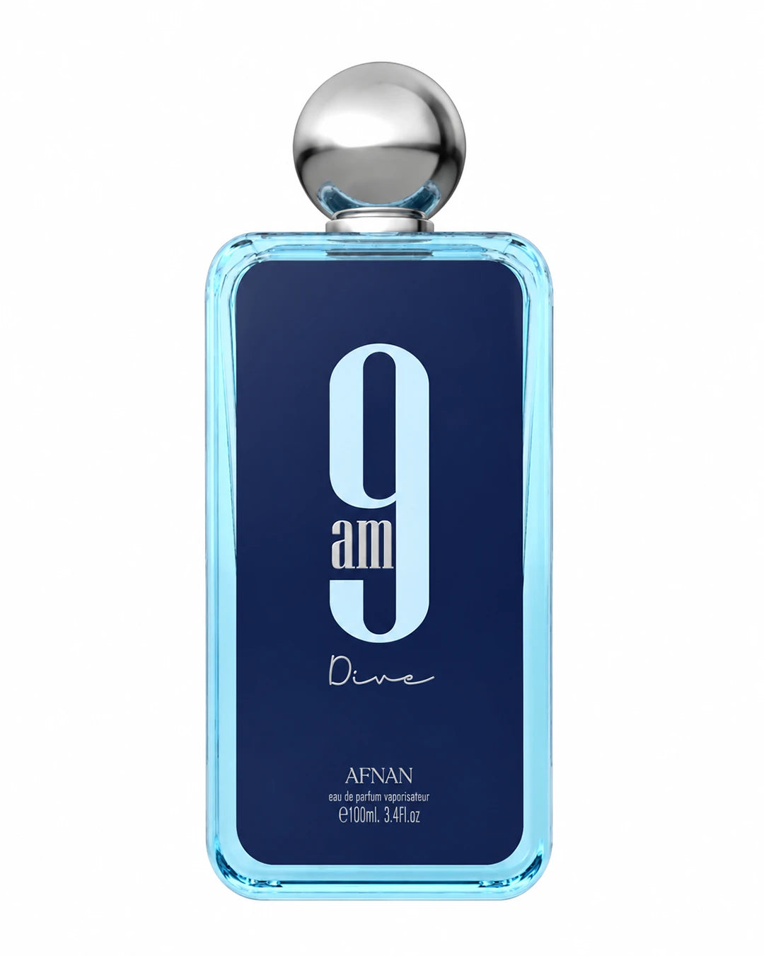 Afnan 9 AM Dive 100ml Eau de Parfum bottle with blue glass and silver cap