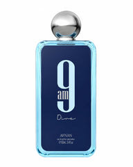 Afnan 9 AM Dive 100ml Eau de Parfum bottle with blue glass and silver cap
